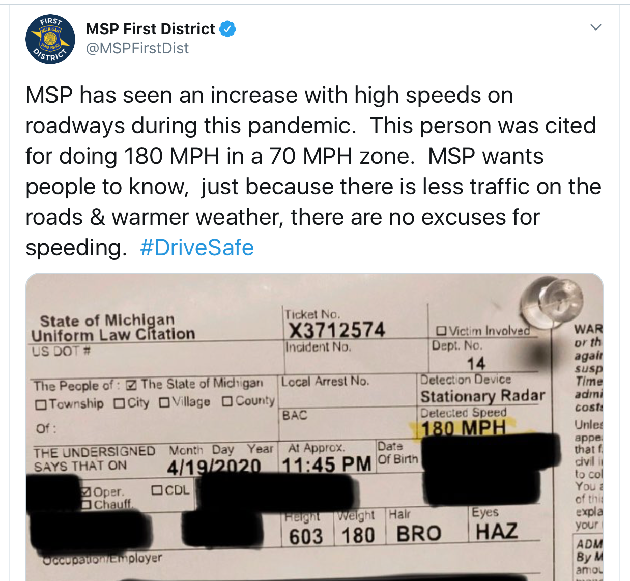 MSP reminds motorists 'no excuses' for speeding after driver pulled over for going 180 in 70 mph ...